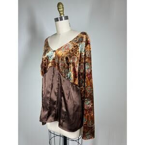 Vintage Y2K Brown Velvet Satin Peasant Blouse Top Large Fairy Grunge‎ Boho